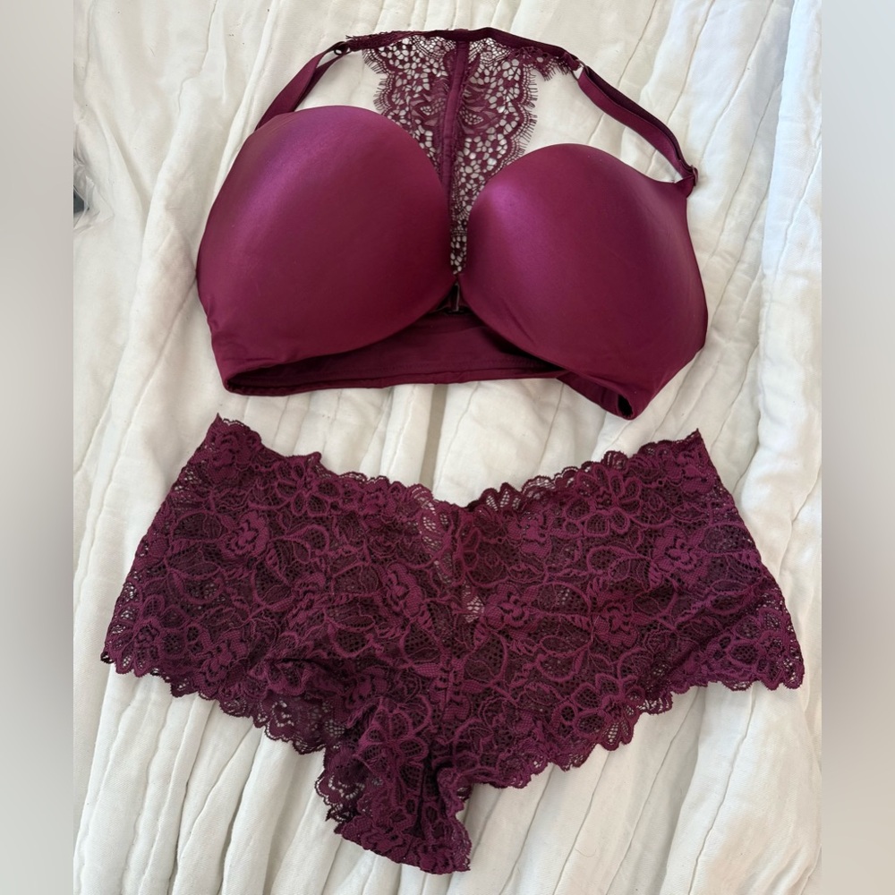 Victoria's Secret Deep Burgundy Lace Bra and Cheeky Panty Set
